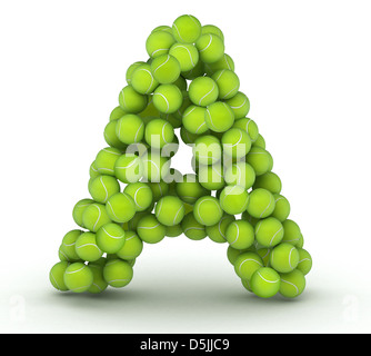 Buchstabe A, Alphabet von Tennisbällen auf weißem Hintergrund Stockfoto