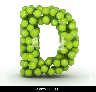 Buchstaben D, Alphabet von Tennisbällen auf weißem Hintergrund Stockfoto