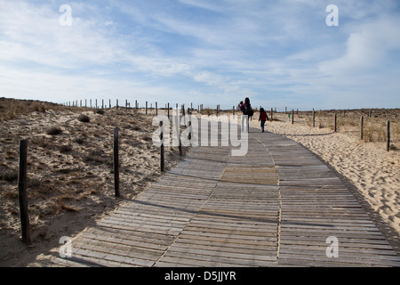 Der Holzsteg führt zum Strand von Le Grand Crohot, Lege-Cap-Ferret, Frankreich Stockfoto