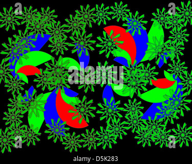Eine zierliche zwei moderne abstrakte Bildgestaltung mit floralen und geometrischen Motiven in fröhlichen Farben, die auf schlichten schwarzen überlagert. Stockfoto