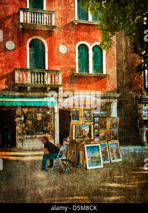 Ein Künstler, der sein Werk in Campo San Polo Venedig Italien verkauft Stockfoto