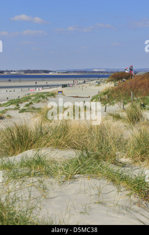 Blick auf den wunderschönen weißen Sandstrand West Wittering Blue Flag an der Südküste Großbritanniens, in der Nähe von Chichester, West Sussex, England Stockfoto