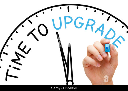 Handschrift Zeit Upgrade Konzept mit blaue Markierung auf transparente wischen. Stockfoto