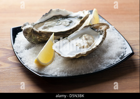 Austern mit Zitrone hautnah Stockfoto