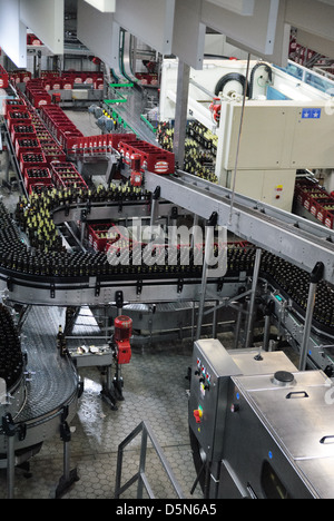 Flaschen auf Förderband, Krusovice Brauerei, Tschechische Republik - Mar 2011 Stockfoto