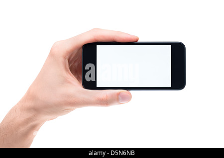 Männer hand halten und modernes mobilen Smartphone mit leerer Bildschirm angezeigt. Isoliert auf weißem Hintergrund. Stockfoto