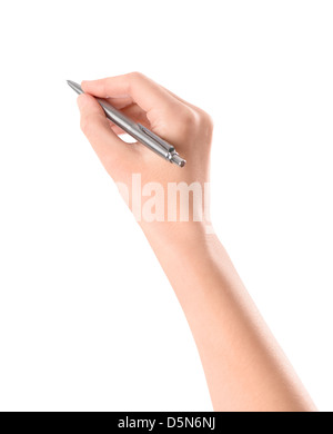 Nahaufnahme von Frauen Arm mit metallischen Stift schreiben. Isoliert auf weißem Hintergrund. Stockfoto