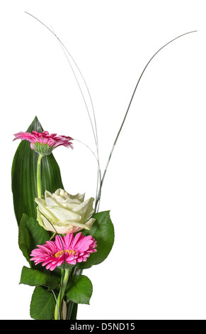 Bouquet mit Gerbera und Rosen auf weißem Hintergrund Stockfoto