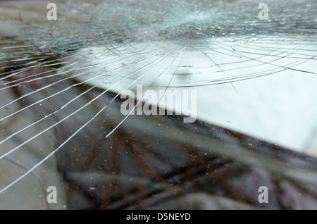 Zertrümmerte Windschutzscheibe mit Spinnennetz-Muster Risse. Stockfoto