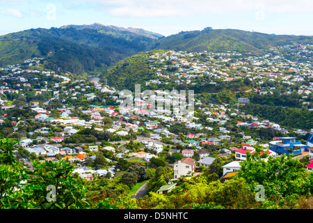 Ein Blick über die Dächer von Wellington, Neuseeland, vom Stellin Memorial Park. Stockfoto