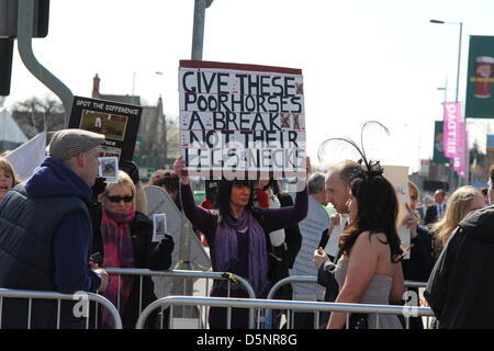 Aintree, Liverpool, UK. 6. April 2013. Demonstration gegen John Smiths Grand National außerhalb Aintree Racecourse in Liverpool am Samstag, 6. April 2013 als Rennen Gänger kommen für die Rennveranstaltung. Bildnachweis: Christopher Middleton / Alamy Live News Stockfoto