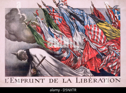 L'Emprunt De La Libération - der Kredit der Befreiung der Alliierten Fahnen lastet auf Kaiser Wilhelm II (1859-1941). Französisch-WWI-Plakat, ca. 1918 Stockfoto