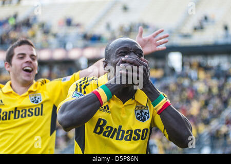 Columbus, Ohio. 6. April 2013. Dominic Oduro feiert seine ausgleichenden Ziel wie Columbus Crew und Philadelphia Union Spiel zu einem 1: 1 in einem MLS-Spiel in Columbus Crew Stadium zu ziehen. Stockfoto