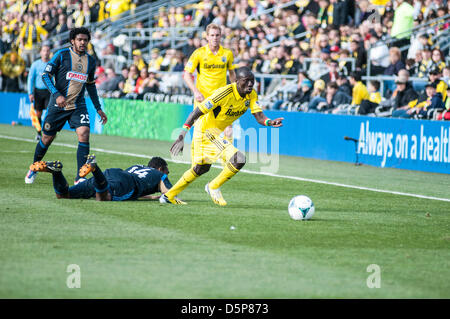 Columbus, Ohio. 6. April 2013. Dominic Oduro rinnt die Flügel wie Columbus Crew und Philadelphia Union Spiel zu einem 1: 1 in einem MLS-Spiel in Columbus Crew Stadium zu ziehen. Stockfoto