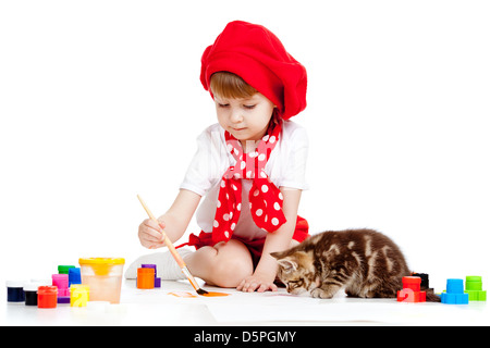 Kinder malen und spielen mit der Katze Kätzchen Stockfoto