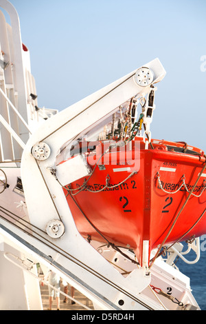 Rettungsboote an Davits gehängt. CUNARD Schiff QE2 Stockfoto