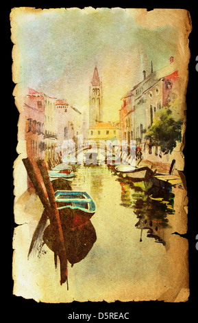 Ein Blick auf den Kanal mit Booten und Gebäuden in Venedig, gemalt von Aquarell auf Vintage Altpapier Stockfoto