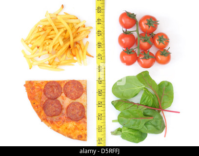 Gute und schlechte Ernährungsgewohnheiten getrennt mit einem Maßband. Französisch frites und Pizza auf der einen Seite, Tomaten und Salat auf der anderen Stockfoto