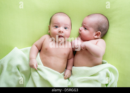 lustige Zwillinge Brüder Babys liegen auf grün Stockfoto