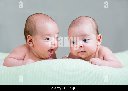 neugeborenes Baby Zwillinge auf Bauch liegend Stockfoto