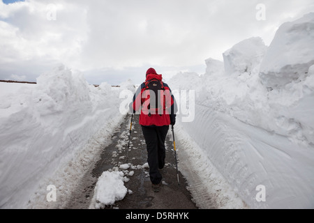 Person Walking zwischen den Wänden der Schnee auf der Straße neben Kuh grün Reservoir im oberen Teesdale County Durham UK Stockfoto