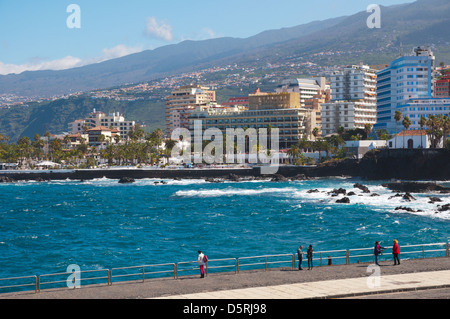 Blick vom Muelle Pesquero Hafen in Richtung Strandpromenade Paseo de San Telmo Stadt Puerto De La Cruz auf der Insel Teneriffa Stockfoto