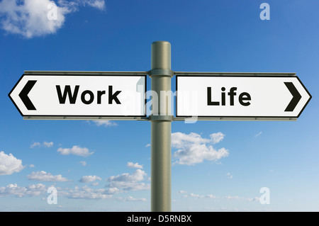 Konzeptschild, Work Life Balance, zeigt zukünftige Lebensentscheidungen in zwei Richtungen. Stockfoto