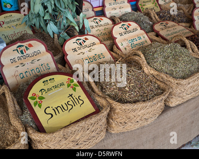 Palma Markt Kraut Stall Kräuter und pflanzliche Arzneimittel Gesundheit Hilfsmittel auf Anzeige zum Verkauf in Palma de Mallorca Markt Spanien Abschaltdruck Stockfoto