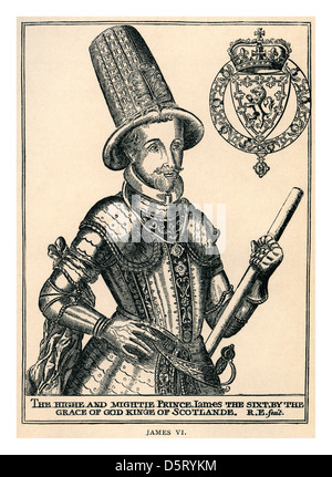 Frühe Linie Ätzen Porträt von James i. von England James VI von Schottland in Rüstung und hohen Hut (19 Juni 1566 – 27. März 1625) Stockfoto