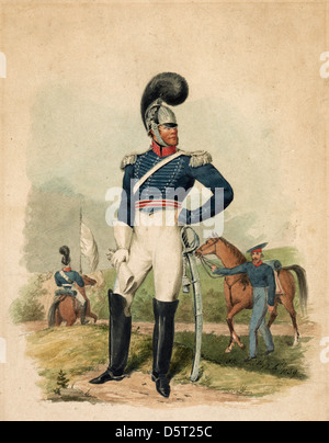 Officer von die erste Truppe, Philadelphia, nach vorne, drehte den Kopf in Richtung rechts stehend vor Soldat mit Pferd und ein weiteres auf dem Pferderücken, ca. 1839 Stockfoto