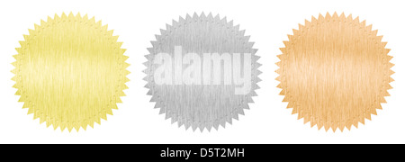 Gold, Silber und Bronze garantieren Dichtung isoliert auf weiss mit Beschneidungspfad enthalten Stockfoto