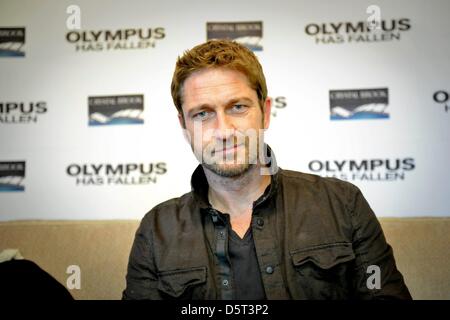 Johannesburg, Südafrika. 8. April 2013.  Schottischer Schauspieler Gerard Butler auf 8. April 2013, in Johannesburg, Südafrika. Butler und Co-Star Aaron Eckhart sind in Südafrika für die Premiere ihres Films "Olympus gefallen ist". (Foto von Gallo Images / Foto24 / Bongiwe Gumede/Alamy Live News) Stockfoto