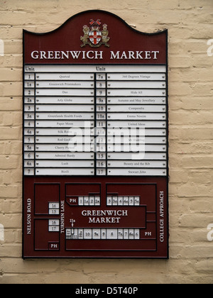 LONDON, Großbritannien - 07. APRIL 2013: Schild am Greenwich Market Stockfoto