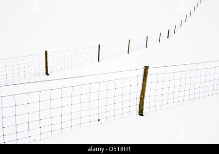 Schneebedeckte Felder und Zäune in der Mitte von Wales bilden abstrakte Muster Während des kalten Frühlings 2013 in Großbritannien Stockfoto