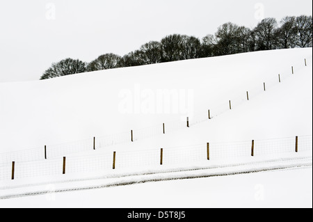 Schneebedeckte Felder und Zäune in der Mitte von Wales bilden abstrakte Muster Während des kalten Frühlings 2013 in Großbritannien Stockfoto