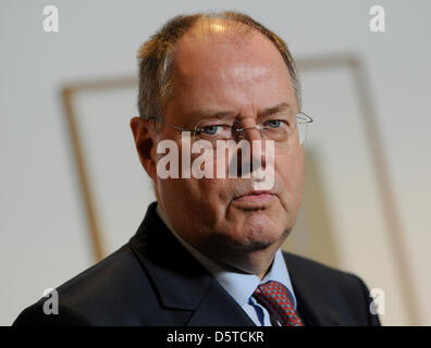 Ausgewiesenen Kanzlerkandidat der SPD, Peer Steinbrück, Gespräche mit Journalisten am Willy-Brandt-Haus nach seinem Treffen mit dem Vorsitzenden des spanischen Sozialdemokraten (PSOE), Rubalcaba, in Berlin, Deutschland, 21. November 2012. Foto: Britta Pedersen Stockfoto