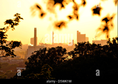 Blick auf London durch Bäume ab dem Punkt, Greenwich Park, Juni 2008 Stockfoto