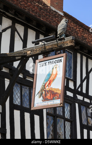 Pub Zeichen für die Legacy Falcon Hotel aus dem 16. Jahrhundert schwarze und weiße Fachwerkhaus in Stratford-upon-Avon, Warwickshire, England Großbritannien Großbritannien Stockfoto