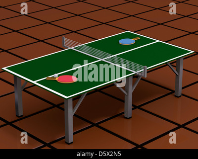 Illustration des Ping-Pong Tisch 3d, Schläger und Ball. Stockfoto