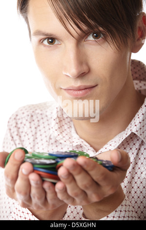 Mann mit Casino-chips Stockfoto