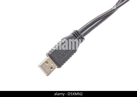 Schwarzes USB-Kabel isoliert auf weißem Hintergrund. Stockfoto