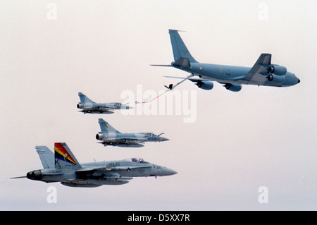 Eine McDonnell Douglas FA-18C Hornet (BuNo 164640) der Strike Fighter Squadron VFA-113 'Stingers', gesteuert von Lt. William Ipock, nimmt an einer Mission Teil. Die FA-18C ist ein Mehrzweckjäger, der von der US Navy für Luftüberlegenheit und Bodenunterstützung eingesetzt wird. Stockfoto