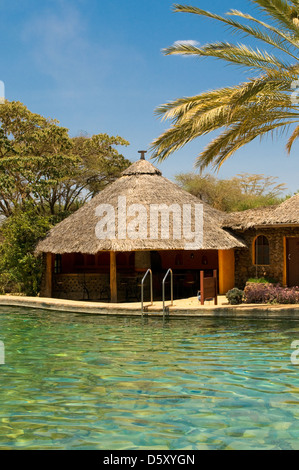 Swimming Pool, Bungalow und palm Stockfoto