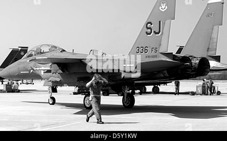 Ein McDonnell Douglas F-15E-49-MC 'Strike Eagle' parkt auf der Fluglinie auf der Seymour Johnson Air Force Base. Die F-15E ist ein Zweirollen-Jagdflugzeug für Langstreckeneinsätze bei jedem Wetter. Stockfoto
