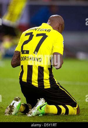 Dortmund, Deutschland. 9. April 2013. Dortmunder Felipe Santana feiert nach der UEFA Champions League Viertelfinale zweiten Bein Fußballspiel zwischen Borussia Dortmund und Malaga CF im BVB Stadion Dortmund in Dortmund, Deutschland, 9. April 2013. Foto: Bernd Thissen/Dpa/Dpa/Alamy Live News Stockfoto