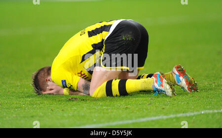 Dortmund, Deutschland. 9. April 2013. Dortmunder Marco Reus reagiert während der UEFA Champions League Viertelfinale zweiten Bein Fußballspiel zwischen Borussia Dortmund und Málaga CF in Dortmund, Deutschland, 9. April 2013. Dortmund gewann 3-2. Foto: Thomas Eisenhuth/Dpa/Alamy Live News Stockfoto