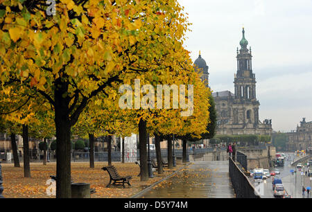 Bäume tragen ihre Autmn Farben vor der Hofkirche und Semperoper auf Brühlschens Terrasse in Dresden, Deutschland, 15. Oktober 2012.  Foto: Matthias Hiekel Stockfoto