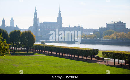 Eine Frau macht einen Spaziergang mit ihrem Hund durch den Schlossgarten, neben dem Japanisch-Palast in der Nähe der historischen alten Stadt von Sächsin, Deutschland, 18. Oktober 2012. Sonniges und mildes Wetter wird in den kommenden Tagen erwartet. Foto: Oliver Killig Stockfoto