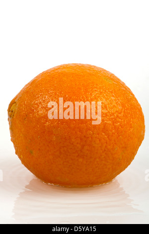 Orange Früchte und spritziges Wasser isoliert auf weißem Hintergrund Stockfoto