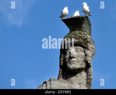 Drei Möwen sind auf die Statue der Athena auf der Maximilian-Brücke in München, 30. Oktober 2012 thront. Foto: FRANK LEONHARDT Stockfoto